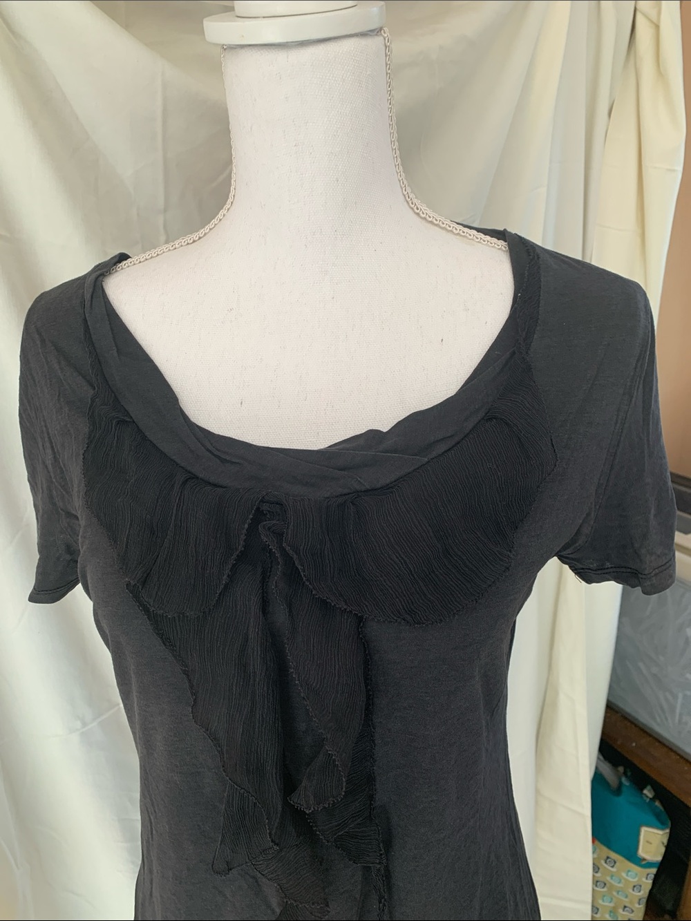 Black Short Sleeve Ruffle-Front Tee - Picture 2 of 7
